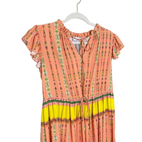 Gibson & Latimer Border Print Midi Dress Size Medium Tie Front Ruffle Orange New - Picture 3 of 7